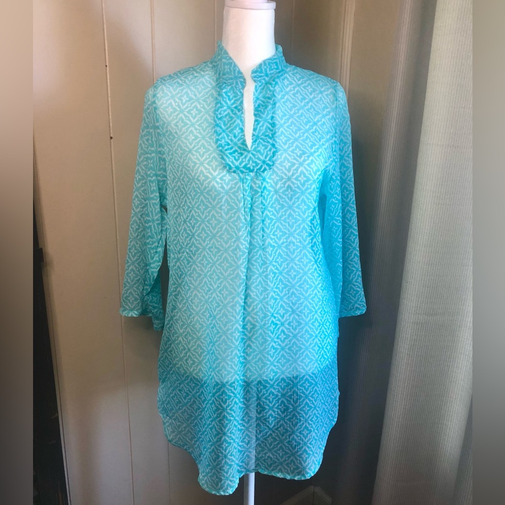 Just Bee Turquoise Sheer White Print NWT Tunic Size Medium